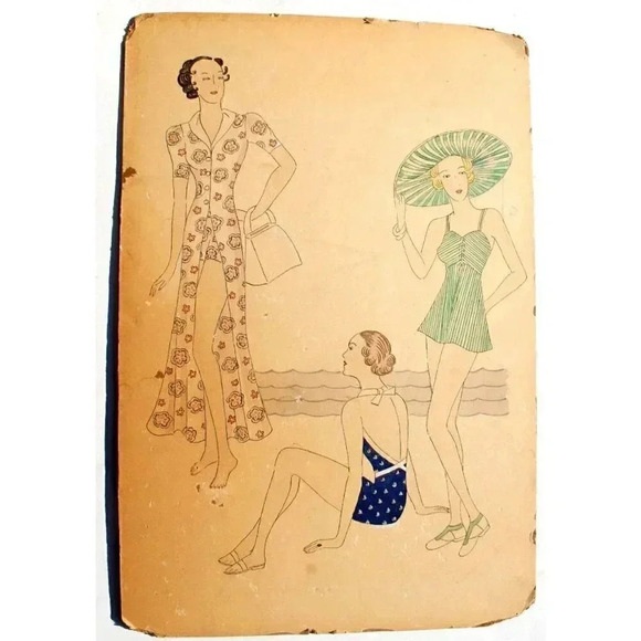 VTG 1960s -1970s MCM Bathing Suit Sketch Etching Drawing Fashion Template Swatch - Picture 1 of 2